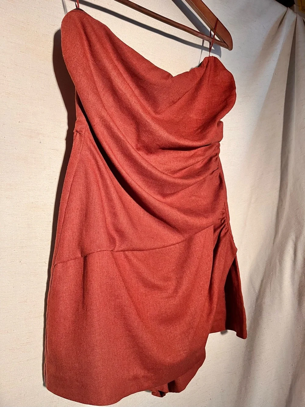 Zara Short Linen Romper Jumpsuit Terracotta Open Sholders Medium 3453/722/658 - Picture 9 of 16